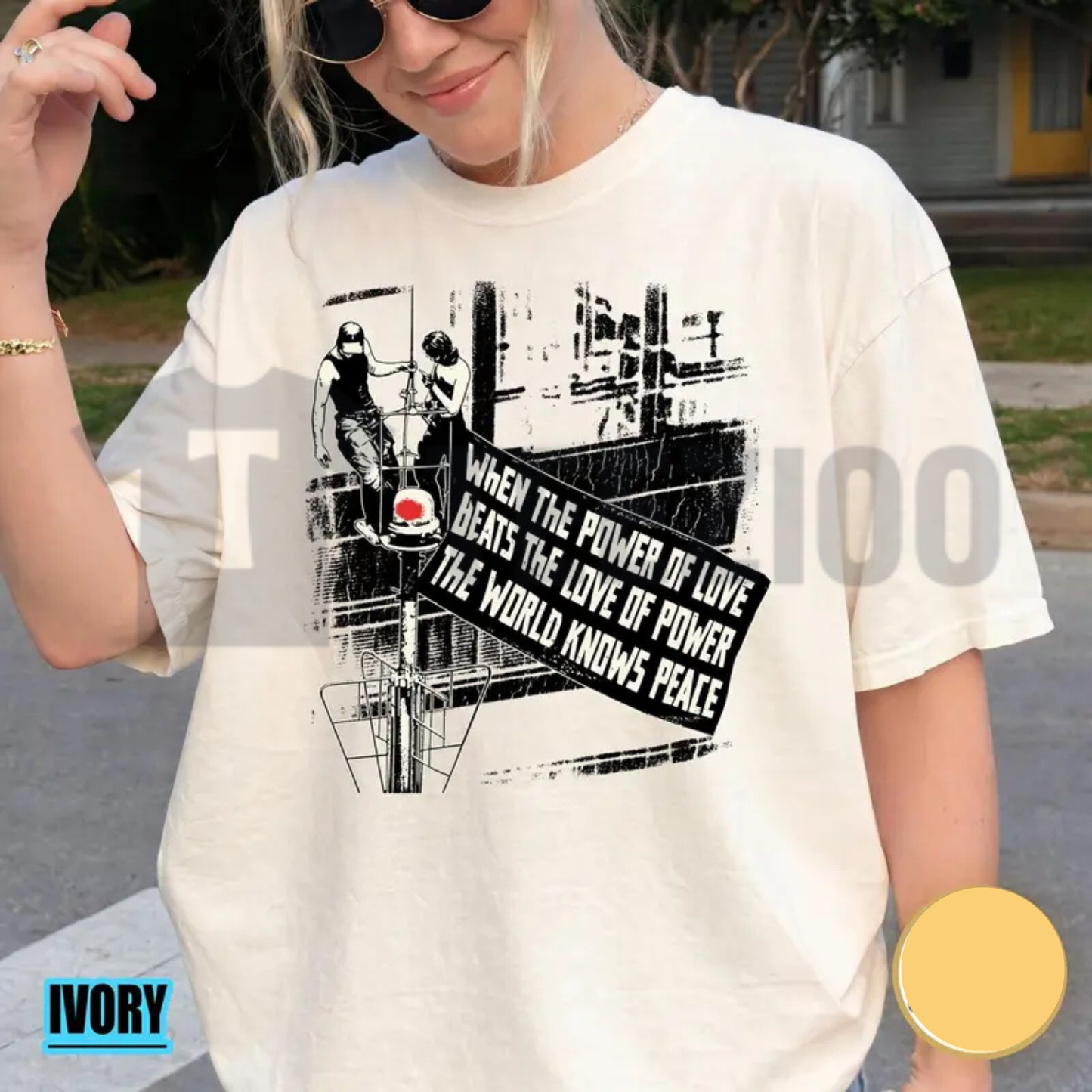 Front view of Comfort Colors Power Of Love Beats Love Of Power Retro Graphic T-Shirt - teezioo