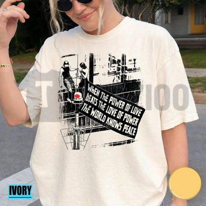 Front view of Comfort Colors Power Of Love Beats Love Of Power Retro Graphic T-Shirt - teezioo