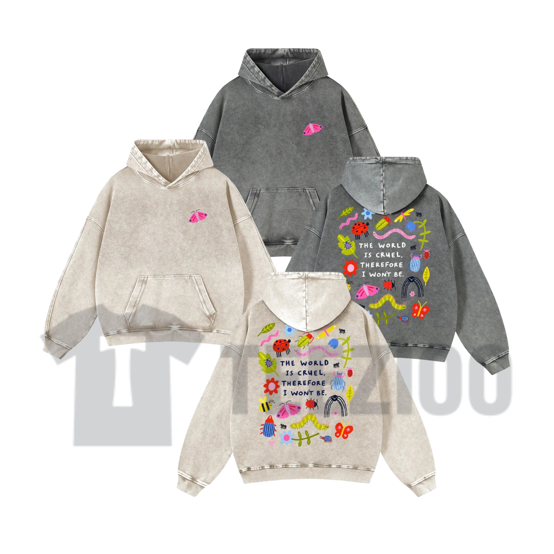 Front view of Cute Bug Print Pink Washed Hoodie in a cozy soft-grunge streetwear style - teezioo
