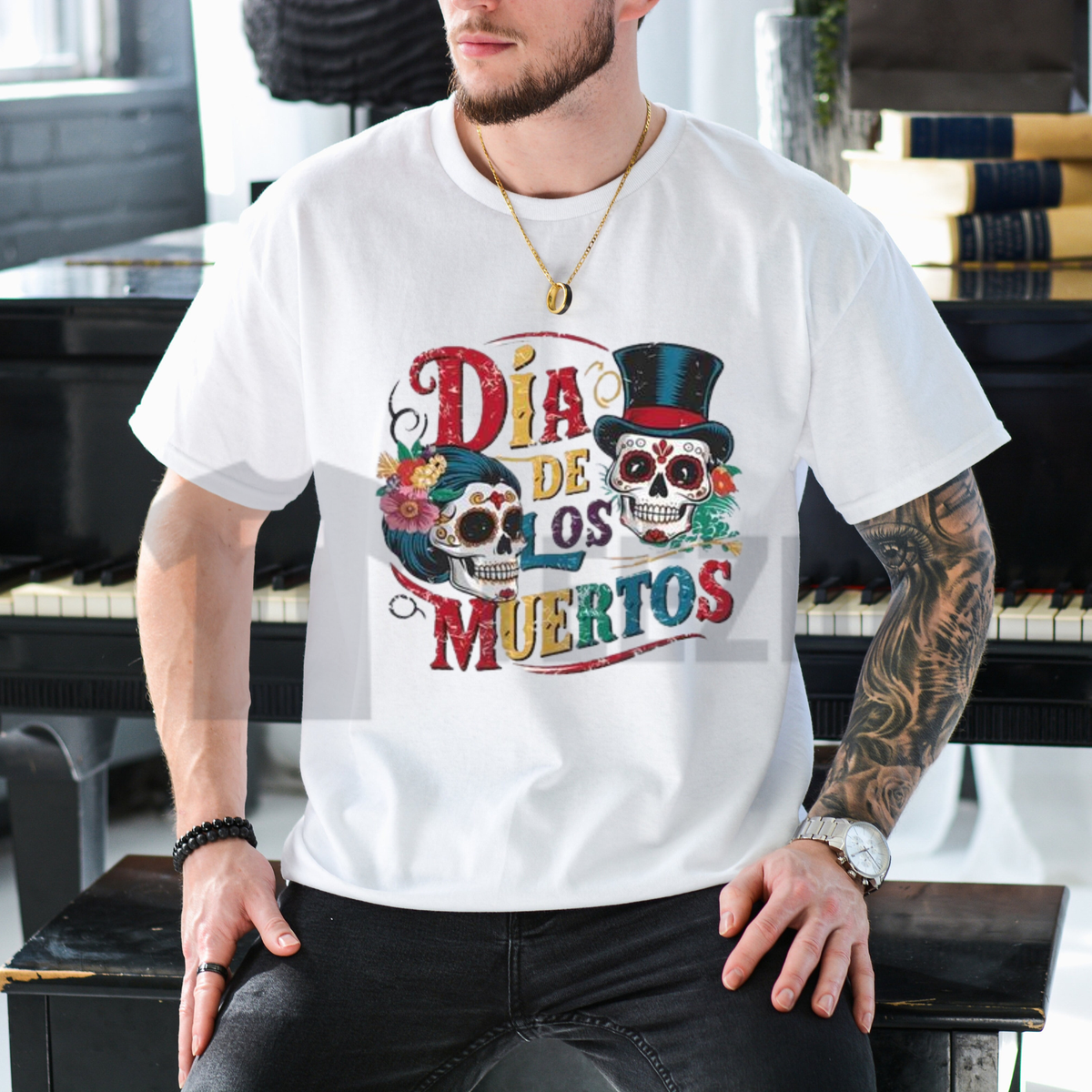 Front view of Day of the Dead Calavera Sugar Skull T-Shirt styled in a casual festival outfit with denim jeans and boots - teezioo