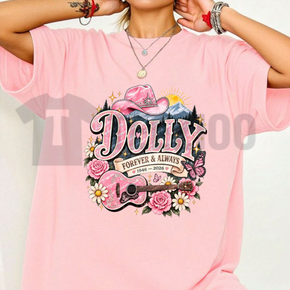 Front view of Dolly Parton Memorial Tribute T-Shirt 1946-2026 styled in a classic country outfit - teezioo