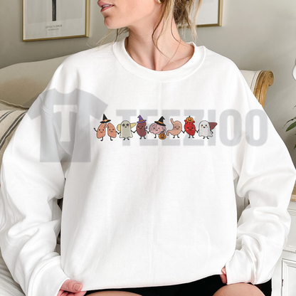 Front view of Halloween Anatomy Embroidered Sweatshirt styled in a spooky autumn medical outfit - teezioo