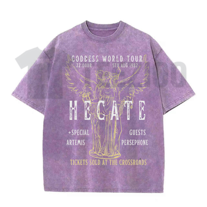 Front view of Hecate Goddess World Tour T-Shirt styled in a dark academia gothic streetwear outfit - teezioo