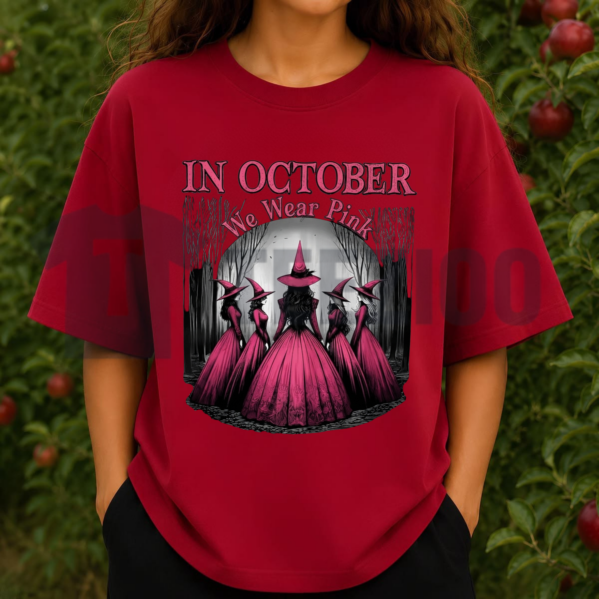 Front view of Marok Wear Women's Gothic Witch T-Shirt styled in a dark witchcore outfit with a black skirt and boots - teezioo