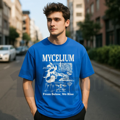 Front view of Mycelium Vintage Fungal Network T-Shirt styled in an earthy nature outfit with casual canvas pants and boots - teezioo