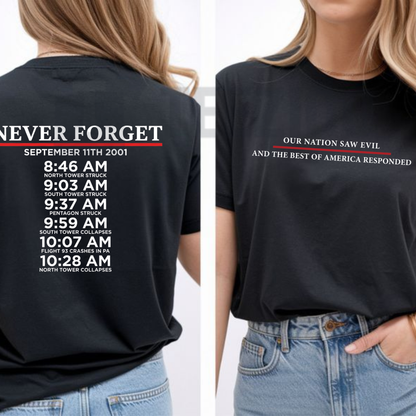 Front view of Never Forget September 11 Memorial Timeline T-Shirt styled in a casual patriotic outfit - teezioo