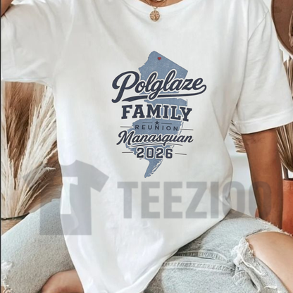 Front view of Polglaze Family Reunion Manasquan 2026 T-Shirt styled in a casual Jersey Shore beach outfit - teezioo