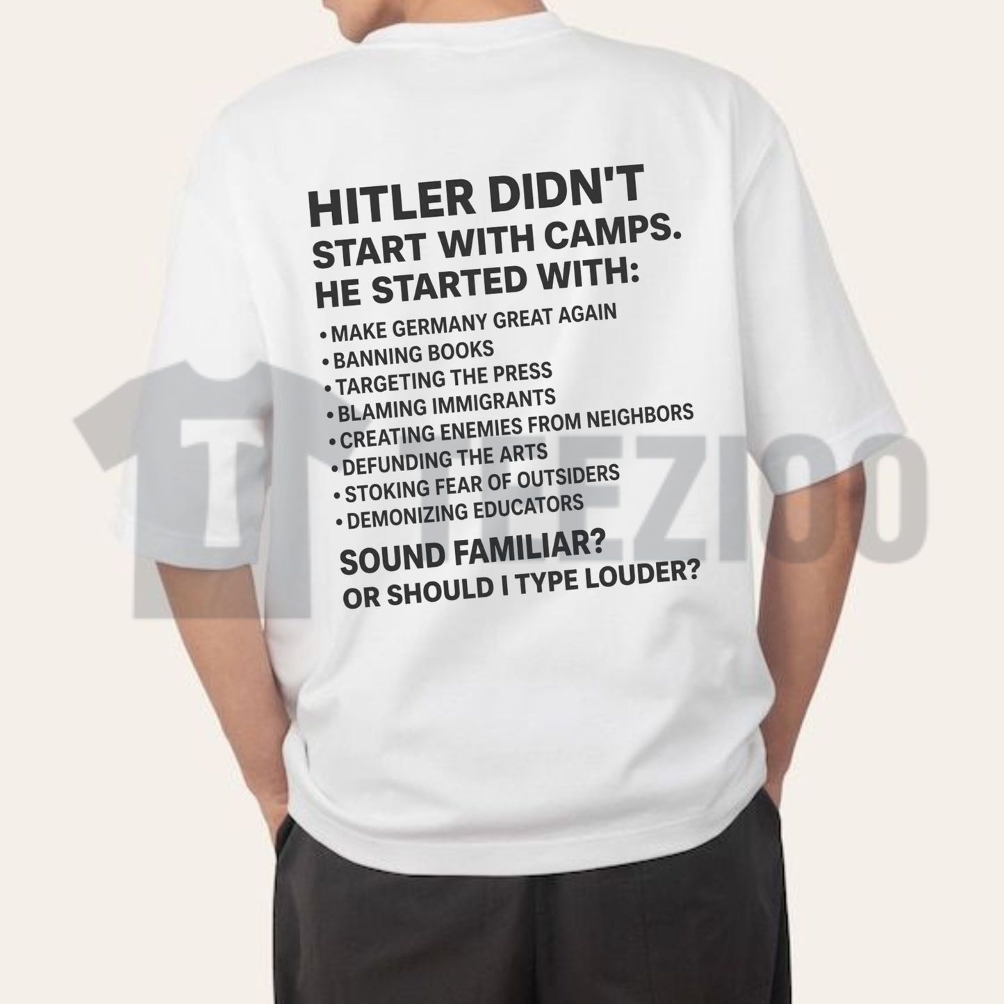 Front view of Power and Propaganda Statement Shirt in a bold dystopian streetwear style - teezioo