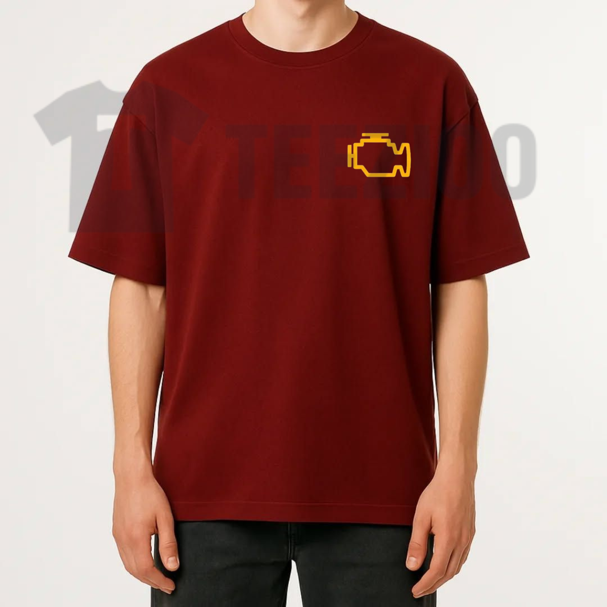 Front view of Pure Check Engine Light T-Shirt styled in a casual garage mechanic outfit with denim - teezioo