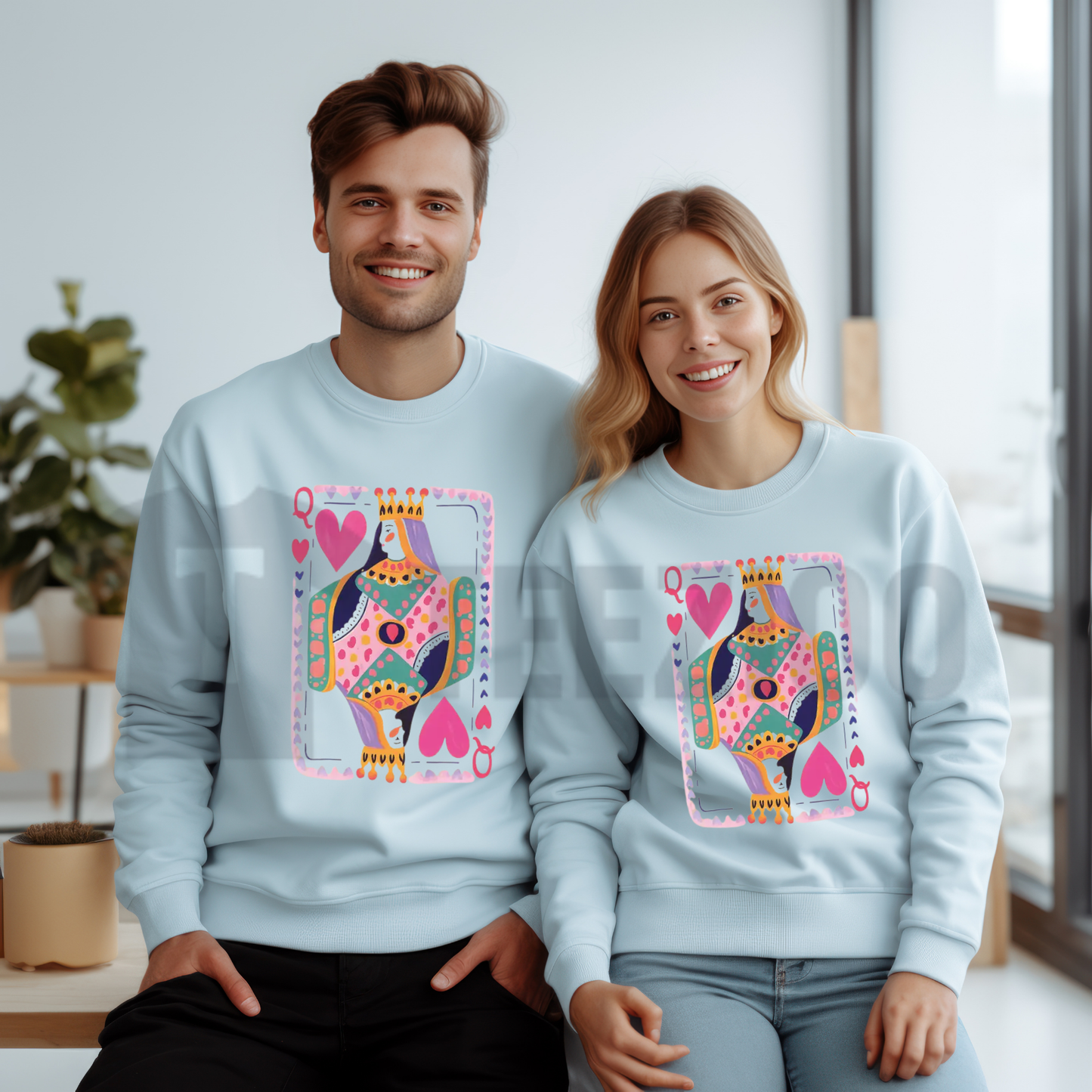Front view of Queen Of Hearts Graphic Sweatshirt styled in a trendy retro streetwear outfit - teezioo