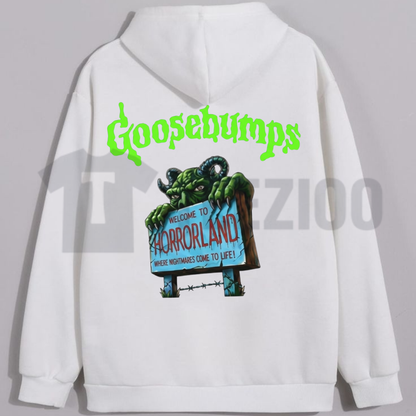 Front view of Retro Goosebumps Horrorland Hoodie styled in a 90s spooky autumn streetwear outfit - teezioo