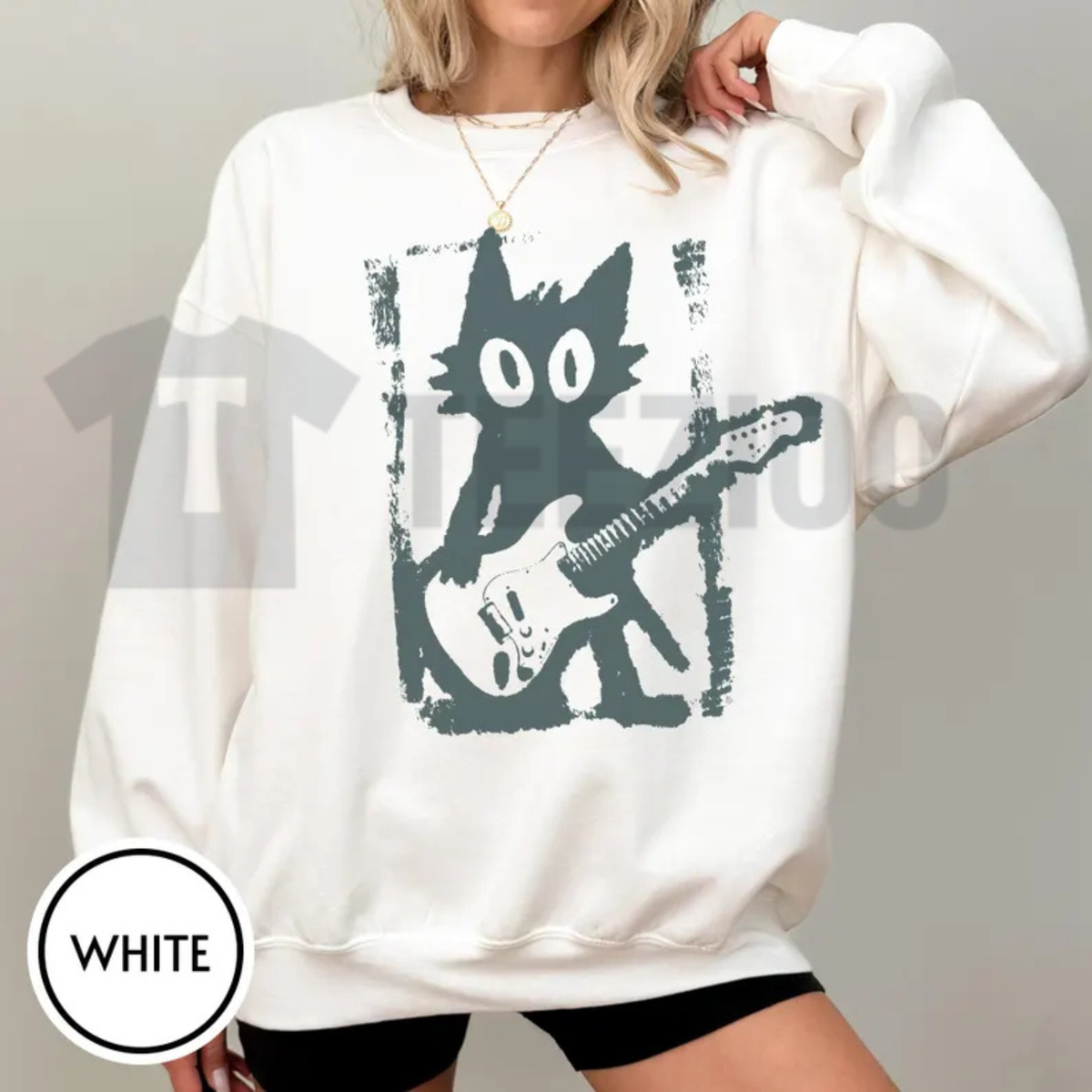 Front view of Rock Star Cat Sweatshirt styled in a Y2K grunge outfit with denim pants and sneakers - teezioo