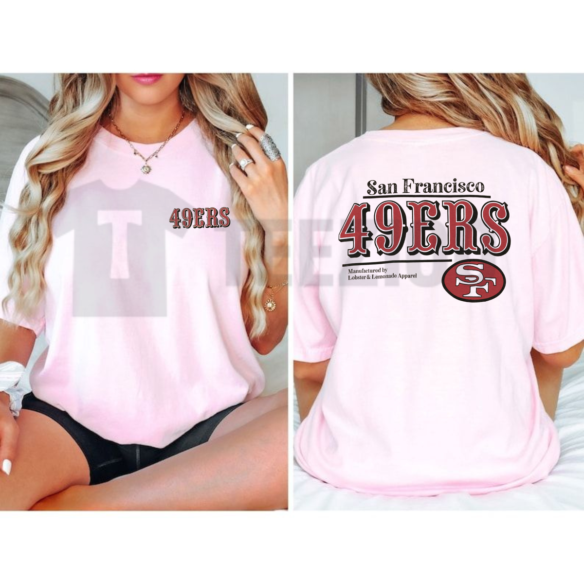 Front view of San Francisco Football Retro Graphic T-Shirt styled in a casual game day outfit with denim jeans and sneakers - teezioo