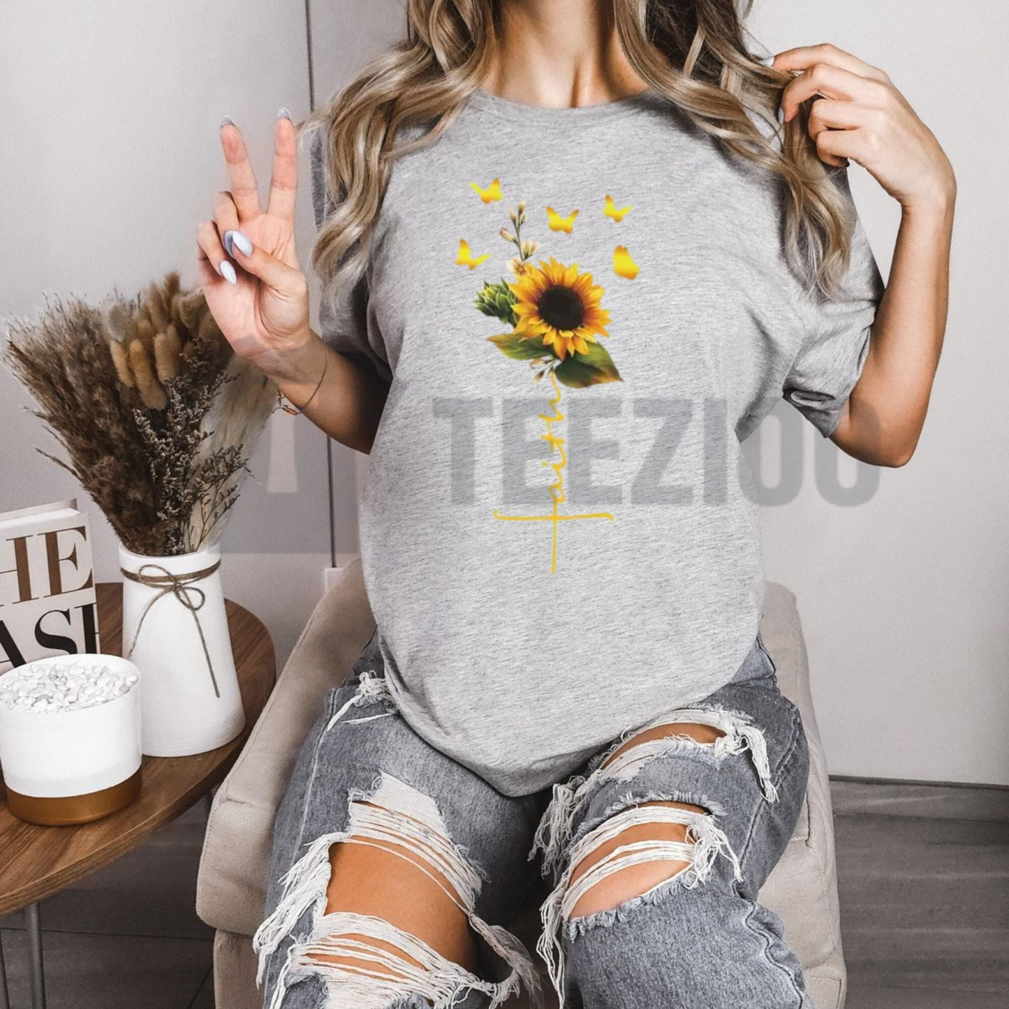 Front view of Sunflower Faith Cross T-Shirt styled in a cozy casual Christian outfit - teezioo