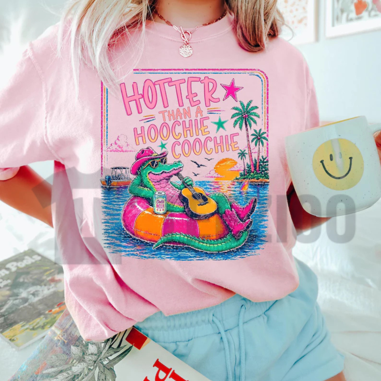 Front view of Super Hot Summer Crocodile Vacation T-Shirt in a vibrant retro beach styling - teezioo