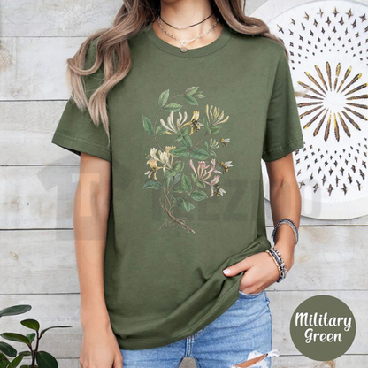 Front view of Vintage Honeysuckle Flower & Bee T-Shirt styled in a cozy cottagecore outfit with linen pants and sneakers - teezioo