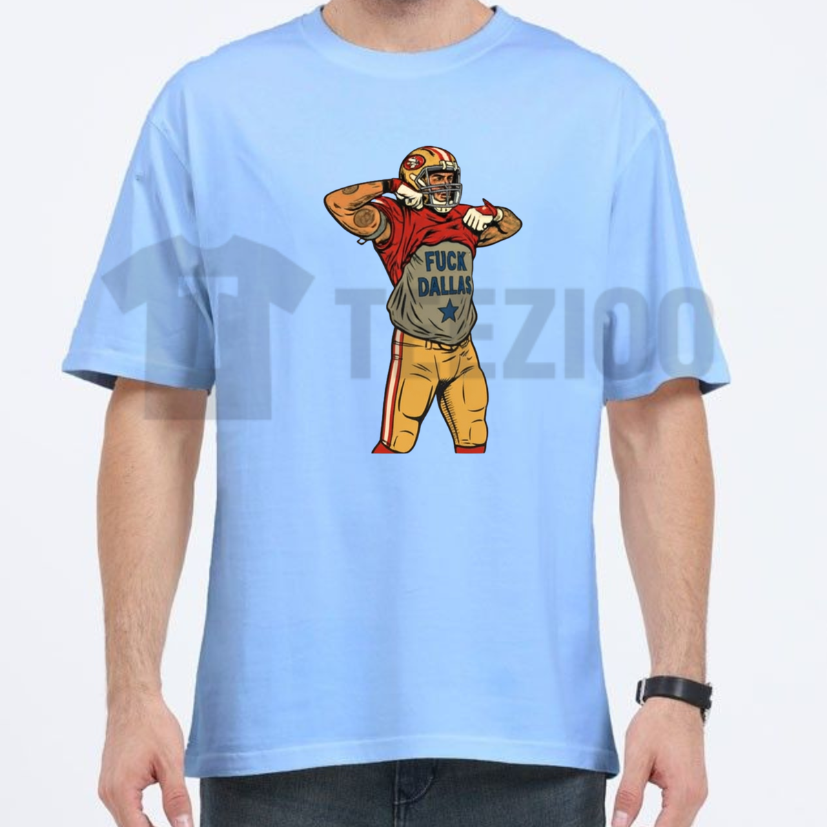 Front view of Vintage San Francisco Football Rivalry T-Shirt styled in a casual gameday outfit with denim jeans and sneakers - teezioo