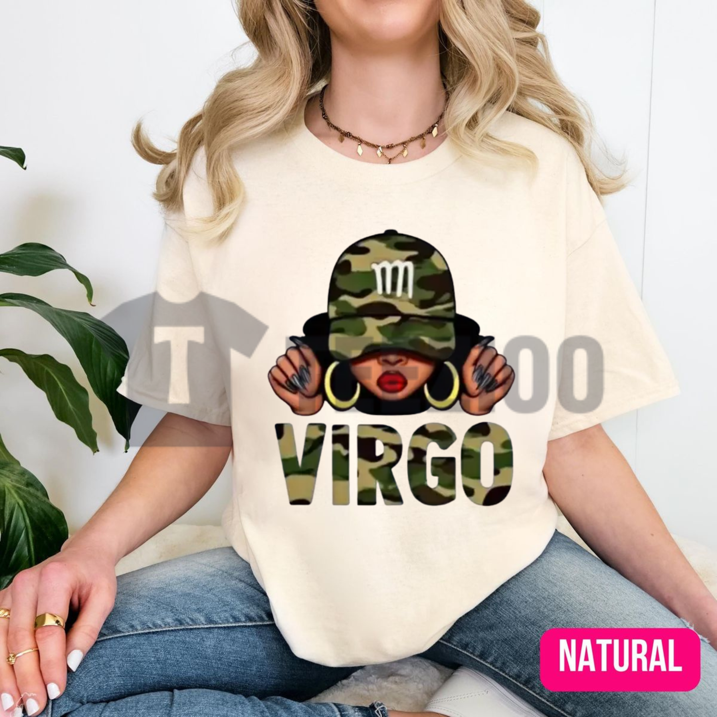 Front view of Virgo Queen Camo Hat T-Shirt styled in a trendy streetwear birthday outfit - teezioo