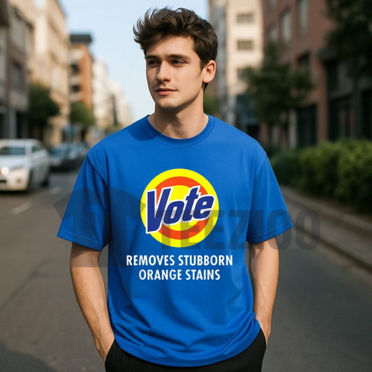 Front view of Vote Removes Stubborn Orange Stains T-Shirt styled in a casual everyday outfit with denim jeans and sneakers - teezioo