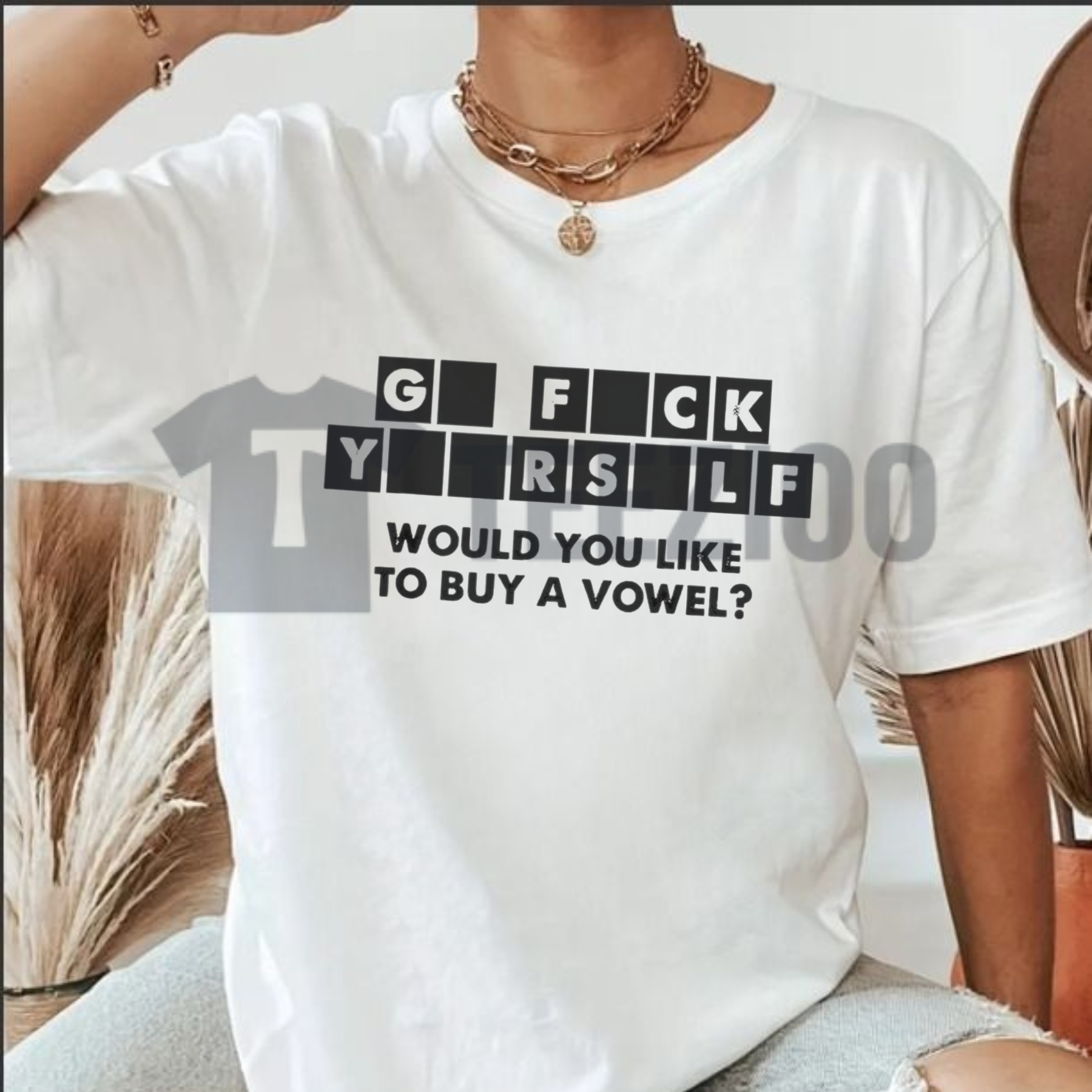 Front view of Would You Like To Buy A Vowel Shirt styled in a casual everyday outfit - teezioo