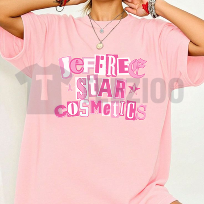 Front view of Y2K Pink Cutout Letters Makeup T-Shirt styled in a trendy early 2000s streetwear outfit - teezioo