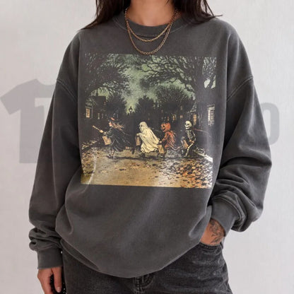 Gothic Skeleton Witch Sweatshirt – Vintage Spooky Halloween Crewneck - Teezioo