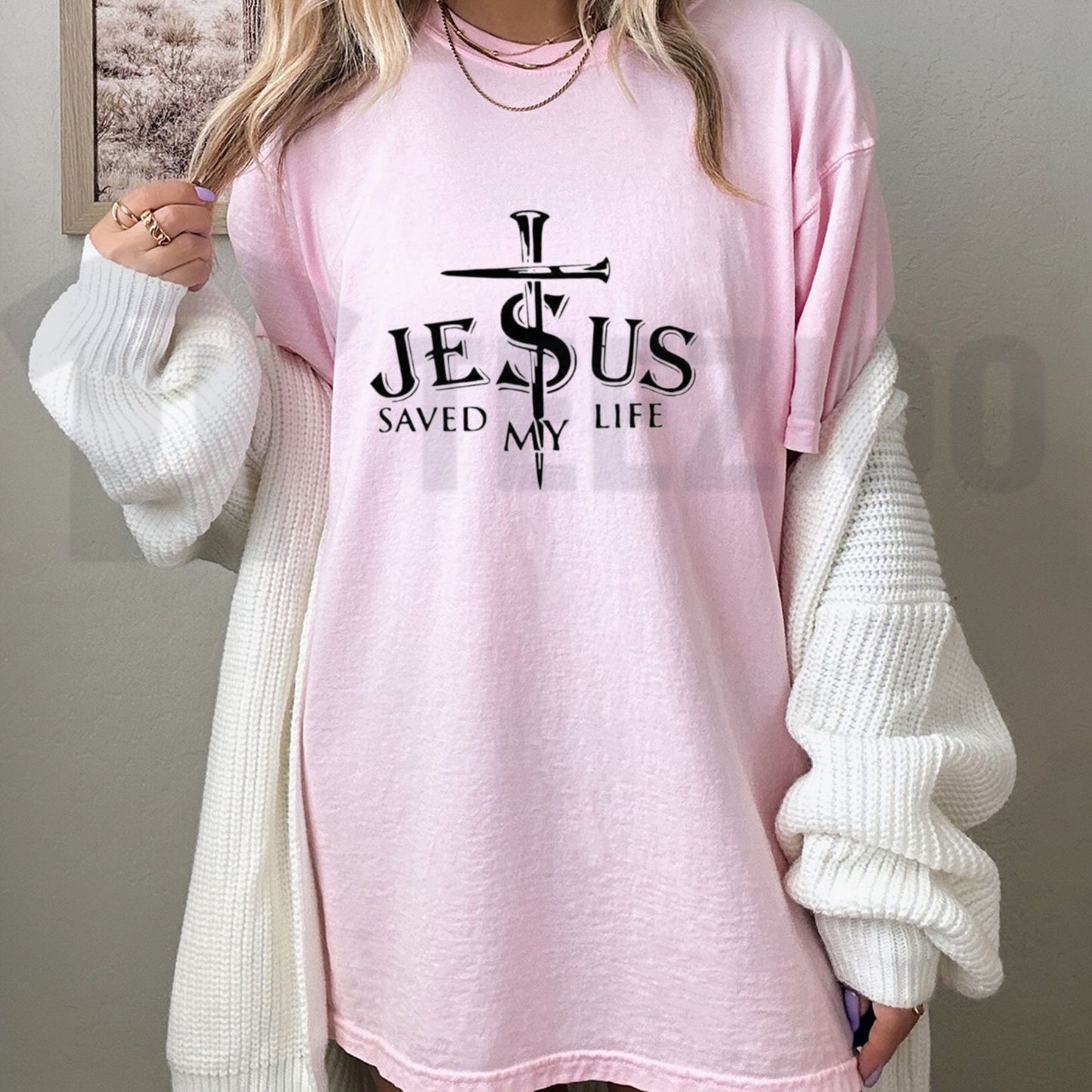 Jesus Saved My Life Christian Cross Long Sleeve T-Shirt Faith Lover Slim Fit Top - Teezioo