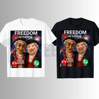 John Pork Freedom Is Calling 4th of July Tung Tung Tung Sahur Meme Graphic T-Shirt - Teezioo