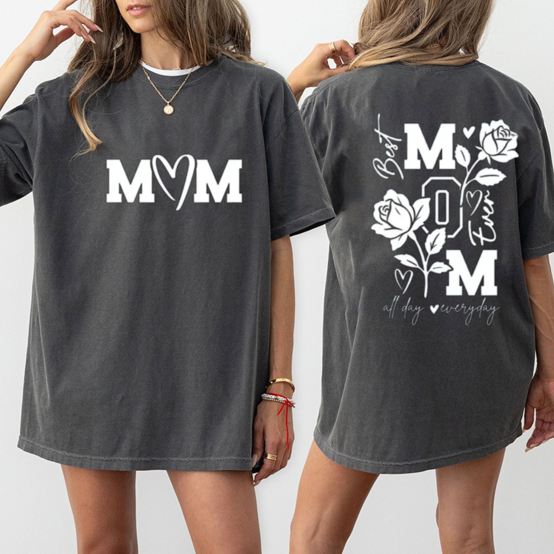 "MOM All Day Every Day" T-Shirt – Vintage Washed Motherhood Graphic Tee, Retro Aesthetic Streetwear Mom Life Top - Teezioo