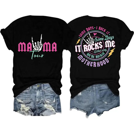 Mama Tour “It Rocks Me” T-Shirt – Retro Music Mom Graphic Tee, Unisex Cotton Shirt - Teezioo