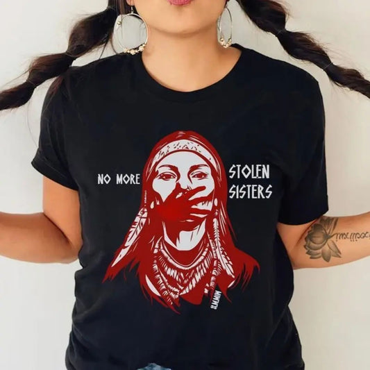 No More Stolen Sisters T-Shirt – MMIW Awareness Red Hand Graphic Tee, Unisex Cotton Shirt - Teezioo