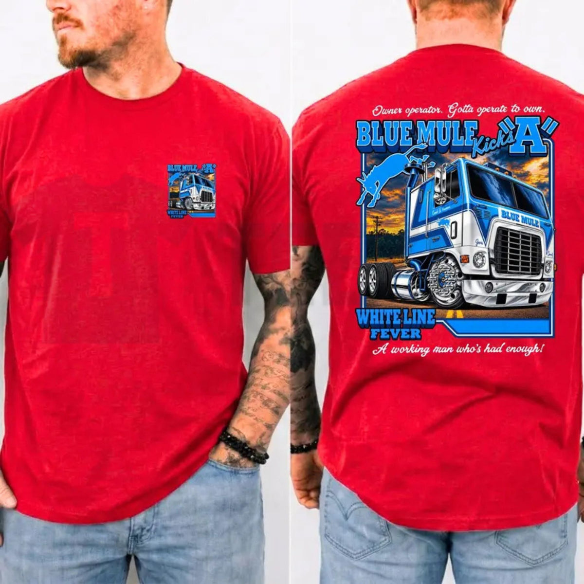 Outlaw Country Top – Blue Mule White Line Fever Trucker Band Graphic Apparel - Teezioo
