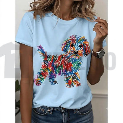 Rainbow Line Puppy Print Creative Graffiti Style White Cotton Dog Lovers T-Shirt - Teezioo