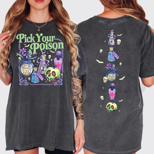 Retro 2-Sided Poison Llama Top – Pick Your Poison Kuzco Halloween Graphic Apparel - Teezioo