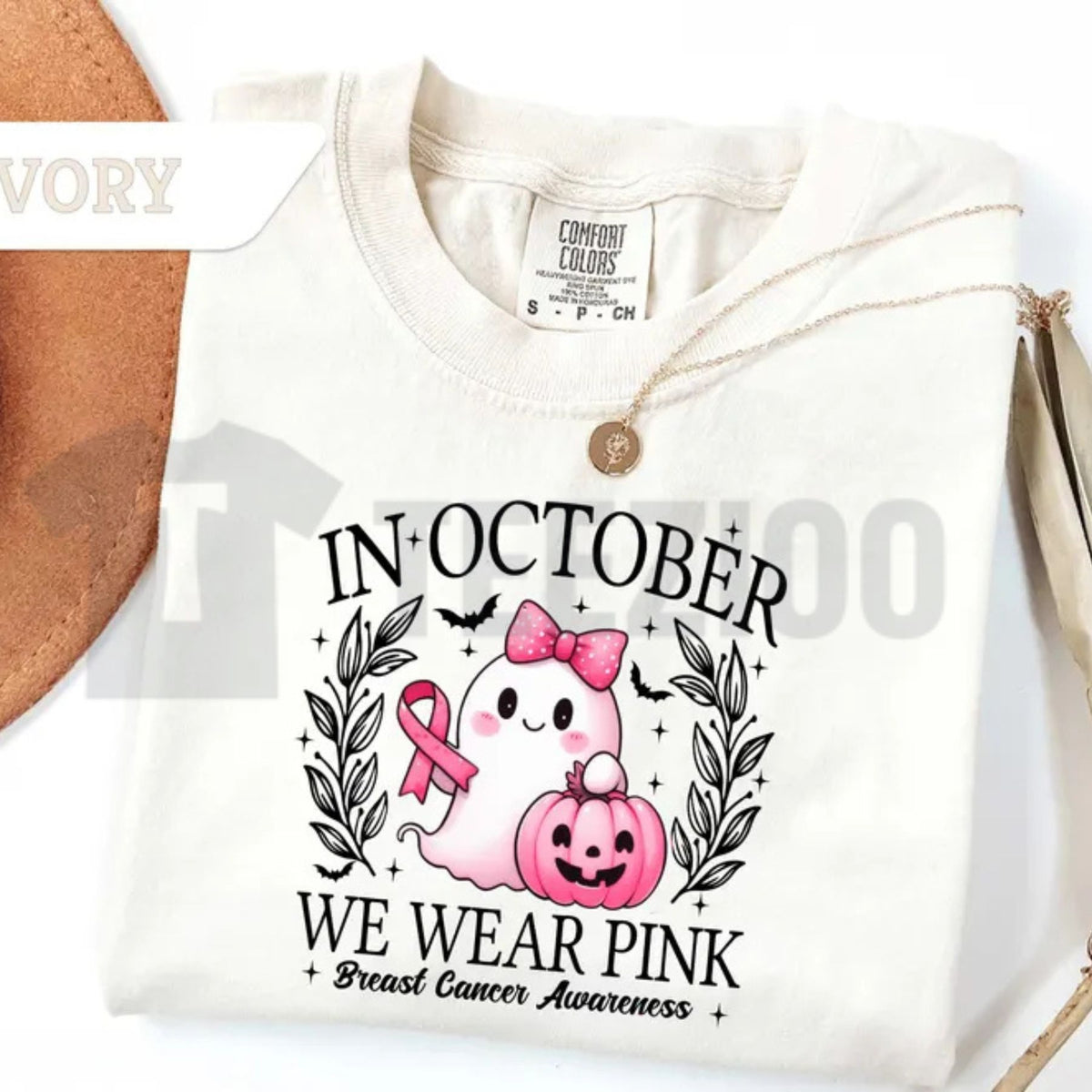 Spooky Pink Ribbon Ghost Graphic Shirt – Halloween Breast Cancer Awareness Month Apparel - Teezioo