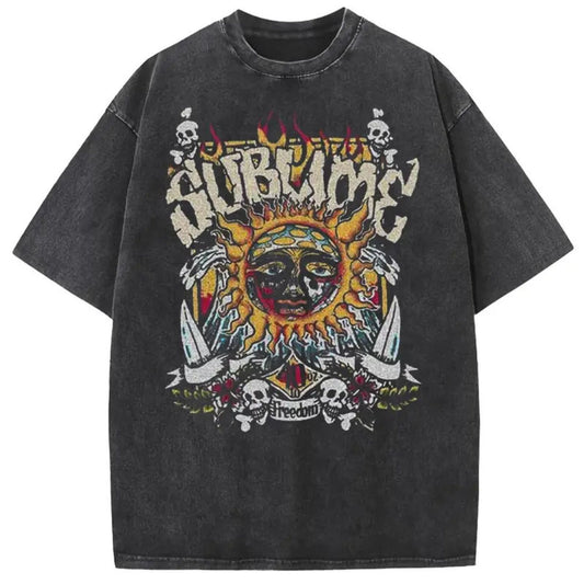 Sun Pattern Acid Washed T-Shirt – Oversized Unisex Vintage Graphic Tee -Teezioo