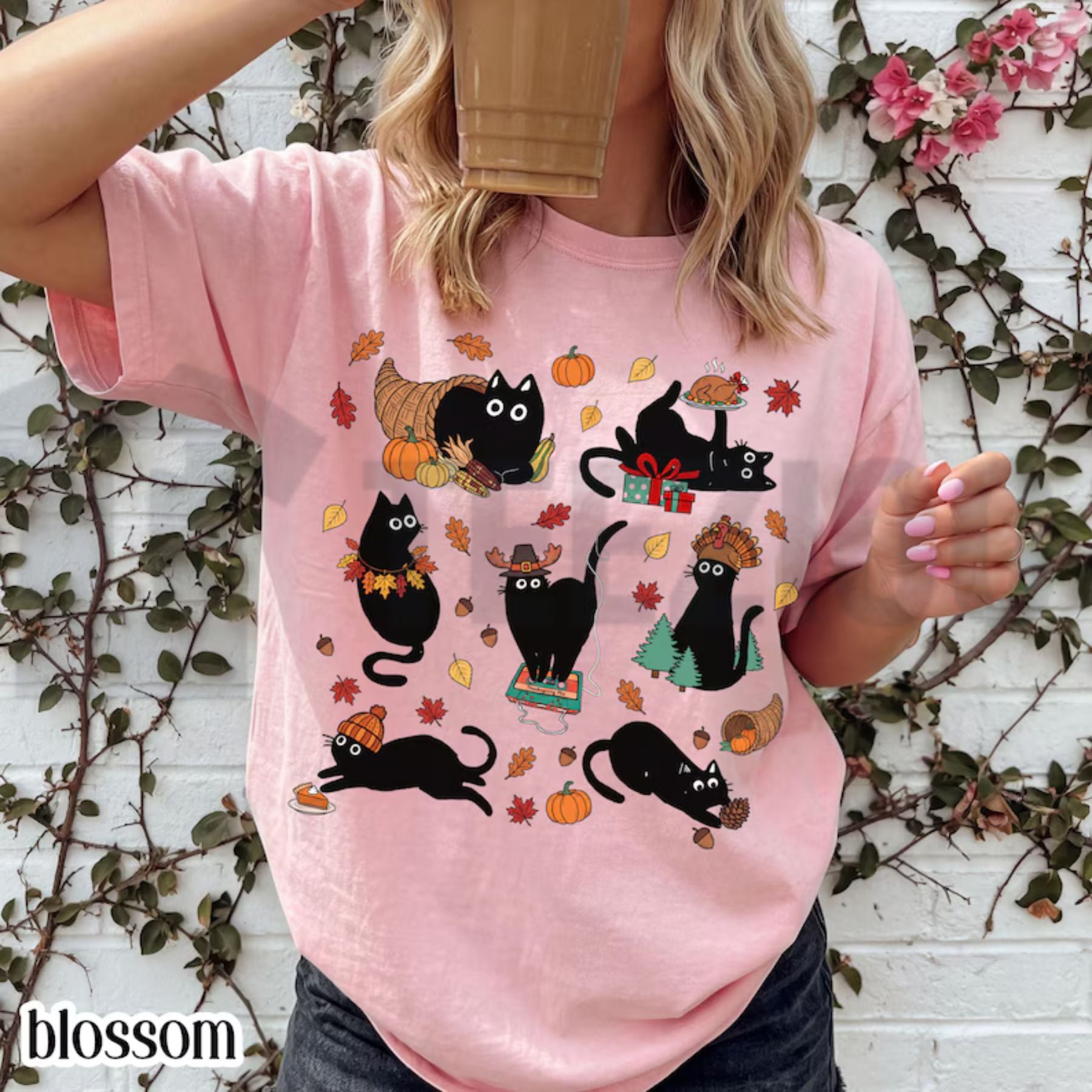 Thanksgiving Black Cat Comfort Colors Shirt – Retro Autumn Cozy Season Tee - Hiyatee