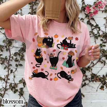 Thanksgiving Black Cat Comfort Colors Shirt – Retro Autumn Cozy Season Tee - Hiyatee