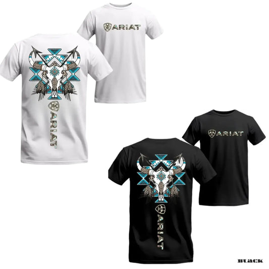Western Tribal Skull T-Shirt – Bull Skull & Blue Aztec Graphic Tee, Unisex Cotton Shirt - Teezioo