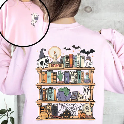 Reading Ghost Halloween Sweatshirt - Spooky Cute Library Teacher Pullover (Front & Back Print)