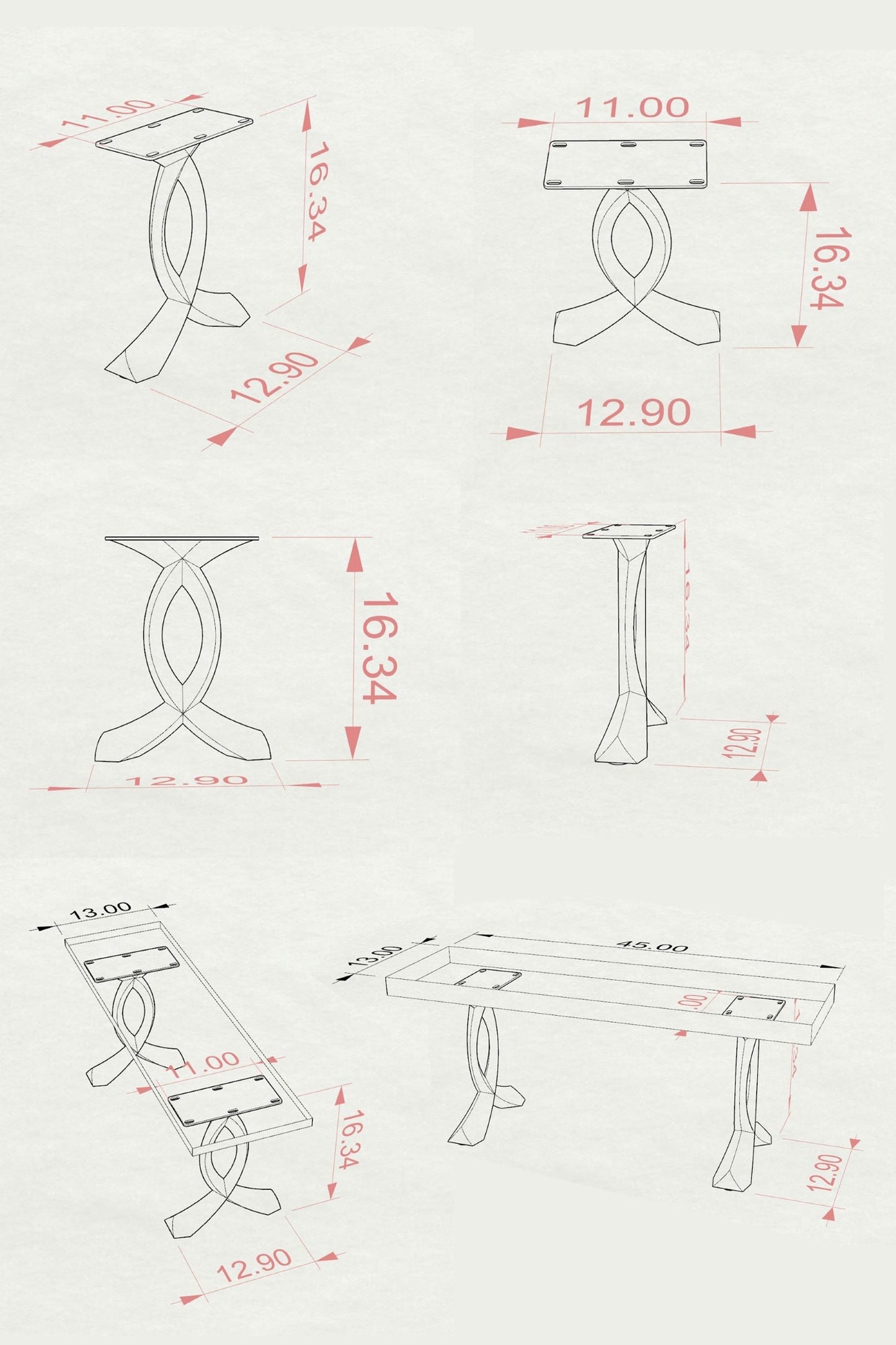 Bench Legs 108/128 Curva 16" H Curved Metal Furniture Legs