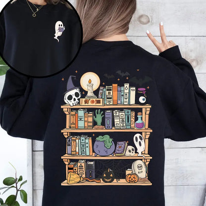 Reading Ghost Halloween Sweatshirt - Spooky Cute Library Teacher Pullover (Front & Back Print)