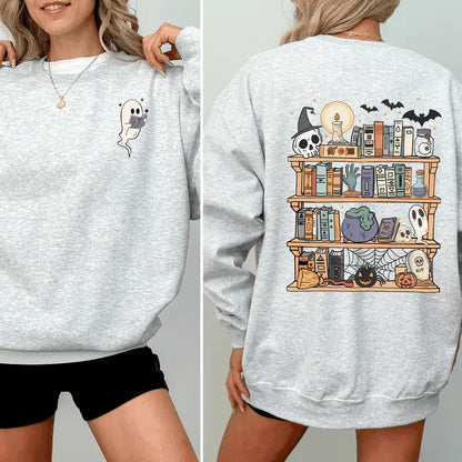 Reading Ghost Halloween Sweatshirt - Spooky Cute Library Teacher Pullover (Front & Back Print)