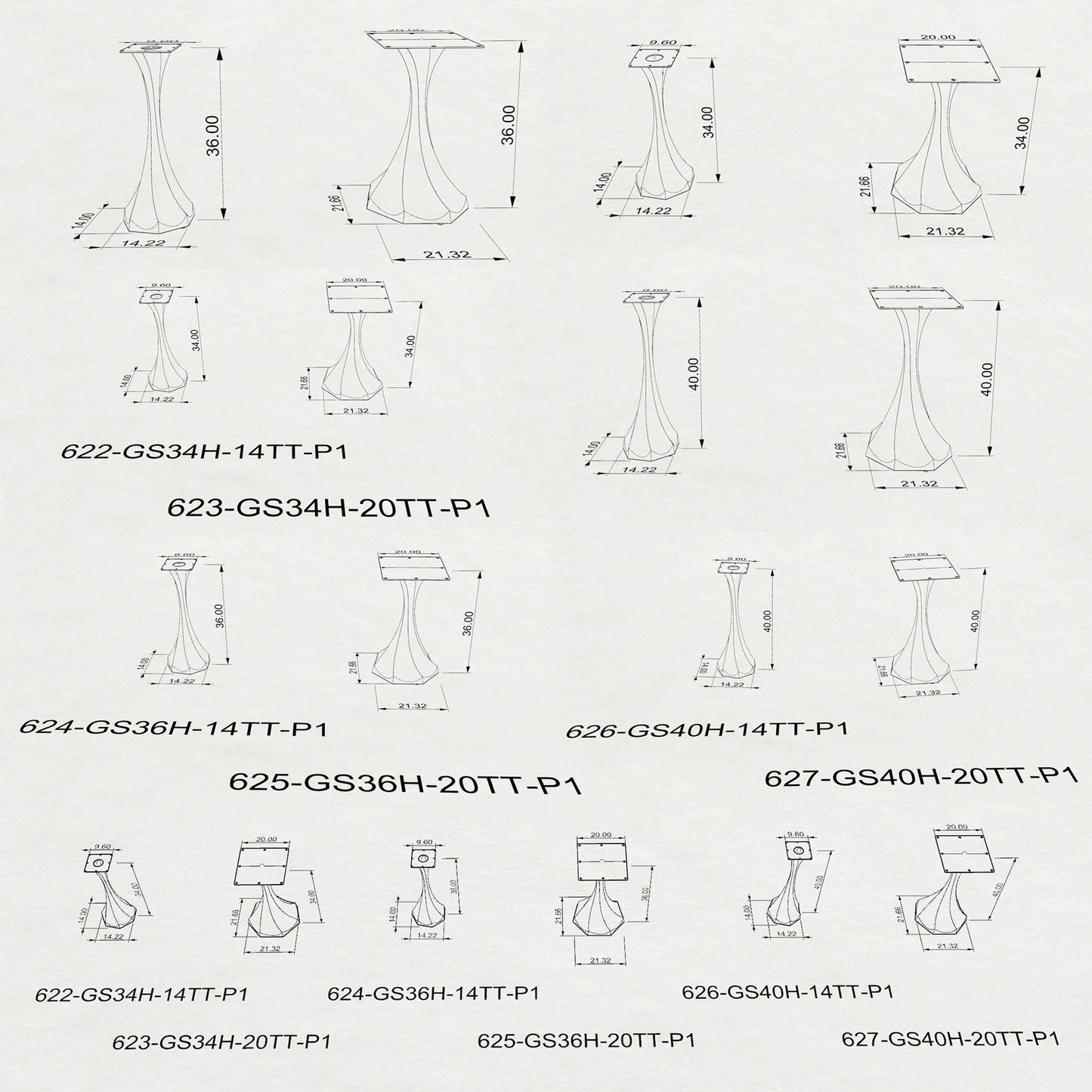 Counter Table Base 622/623 Lithe 34" H Mid-Century Style