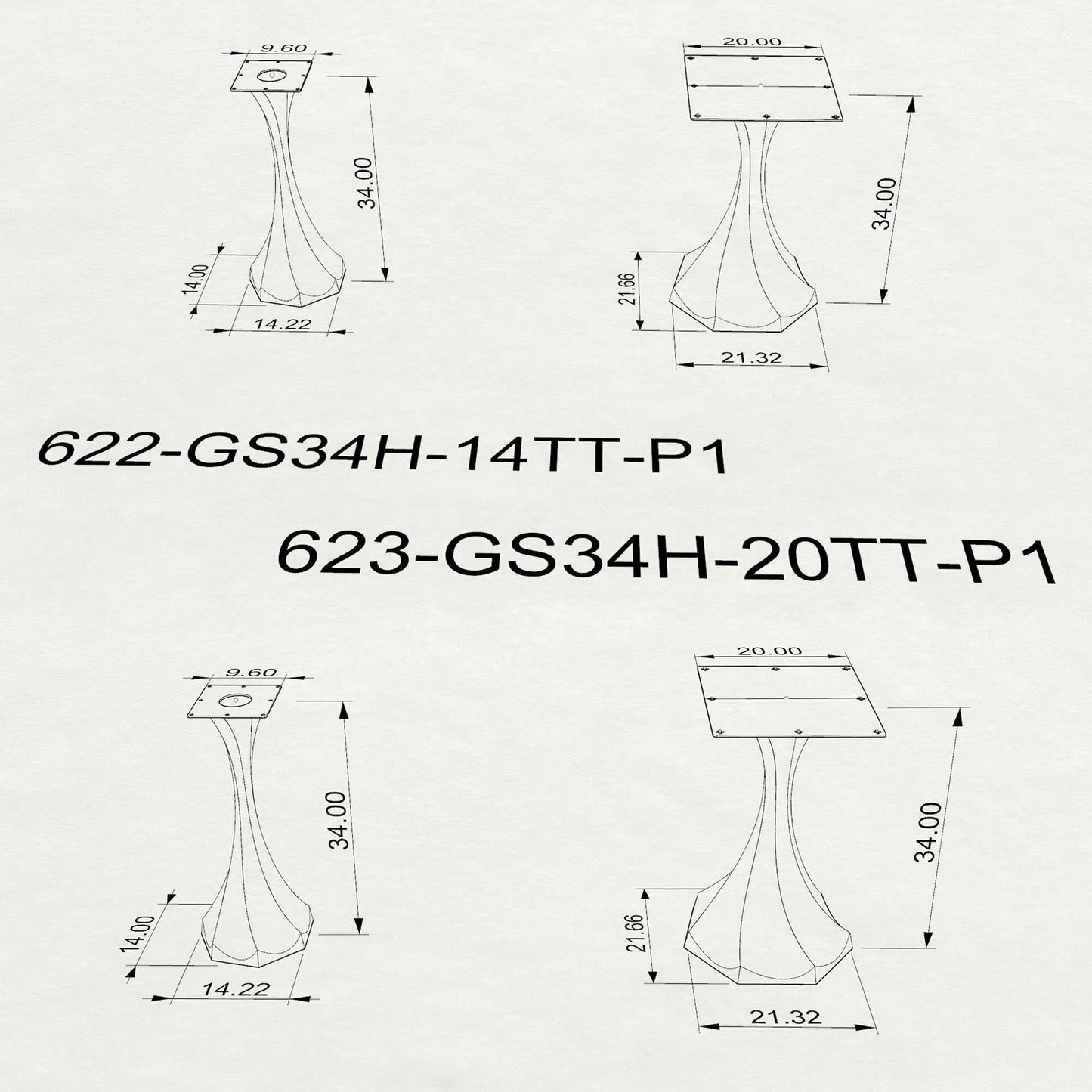 Counter Table Base 622/623 Lithe 34" H Mid-Century Style