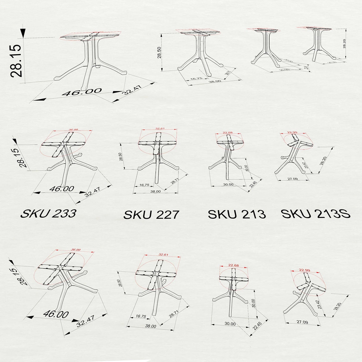 Table Base 213S Wishbone 28" H for Round Dining Tabletop